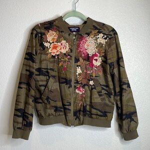 Johnny Was Chrystie workshop silk camo embroidered floral zip bomber jacket